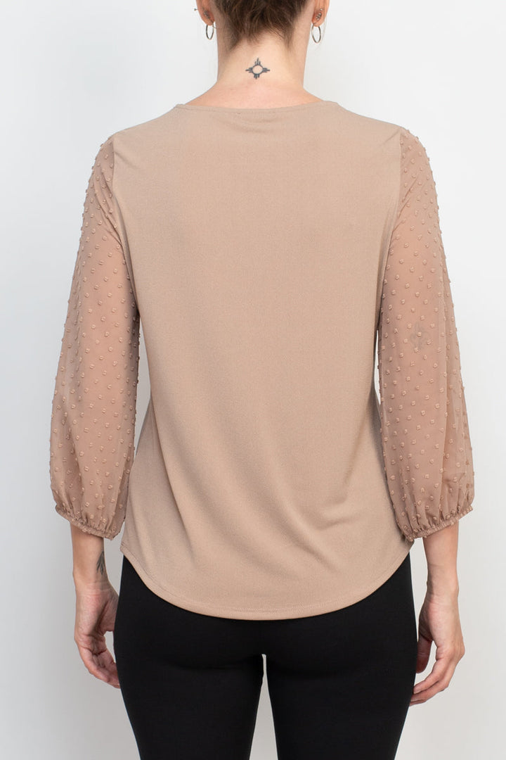 Adrianna Papell crew neck 3/4 sleeve clip dot chiffon sleeve solid moss crepe top-2