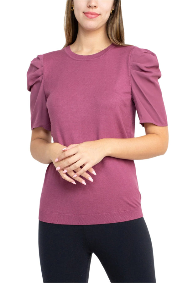 Adrianna Papell Crew Neck Short Sleeve Ruffled Shoulder Solid Knit Top-0