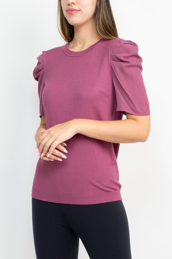Adrianna Papell Crew Neck Short Sleeve Ruffled Shoulder Solid Knit Top-2