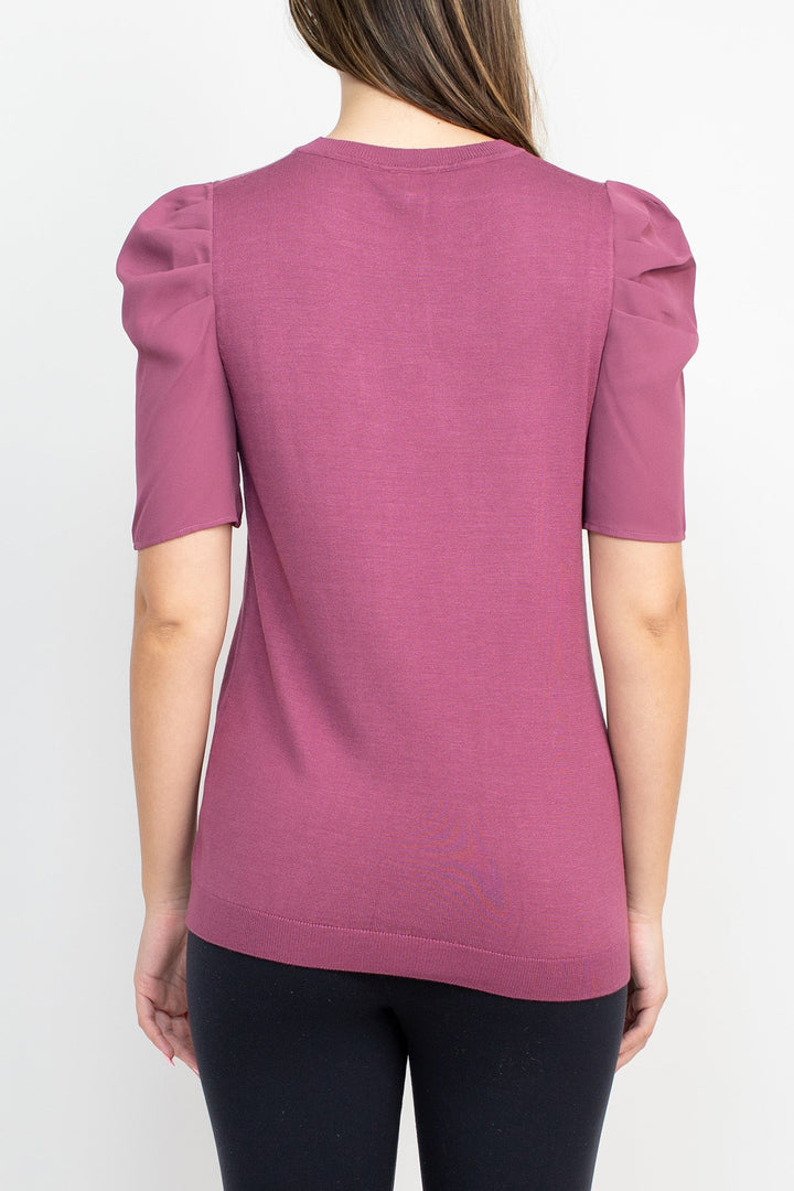 Adrianna Papell Crew Neck Short Sleeve Ruffled Shoulder Solid Knit Top-4