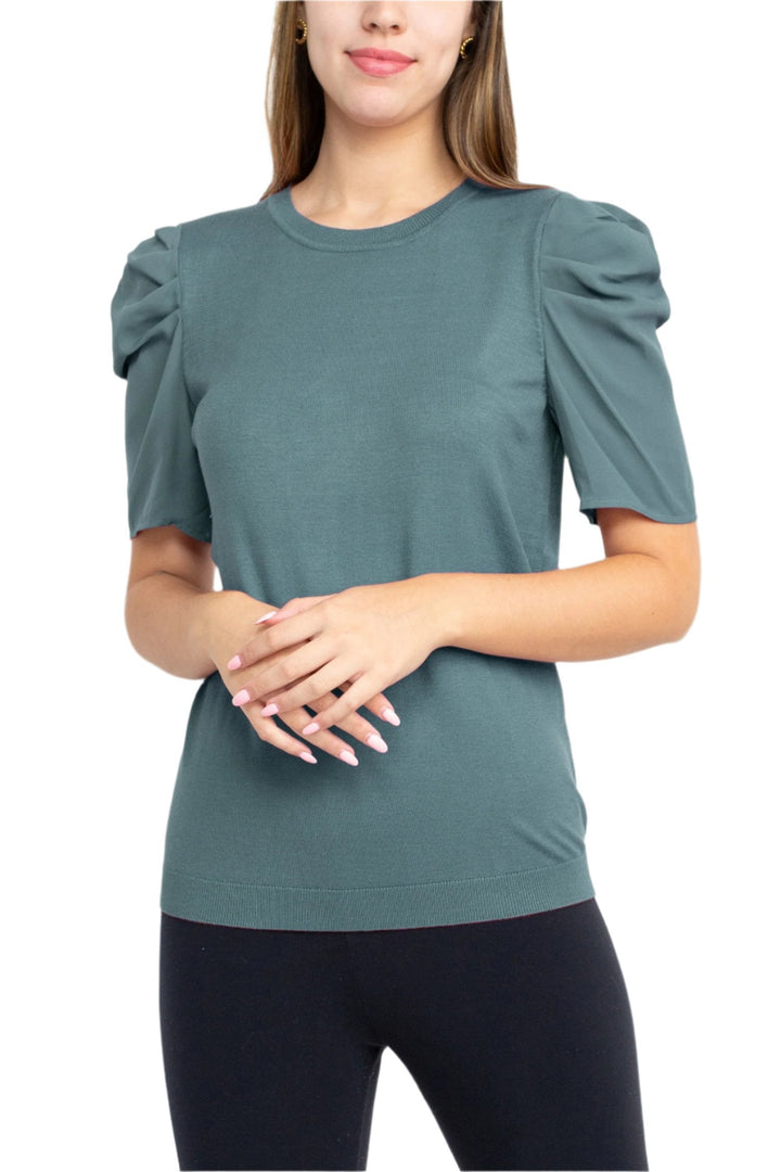 Adrianna Papell Crew Neck Short Sleeve Ruffled Shoulder Solid Knit Top-1