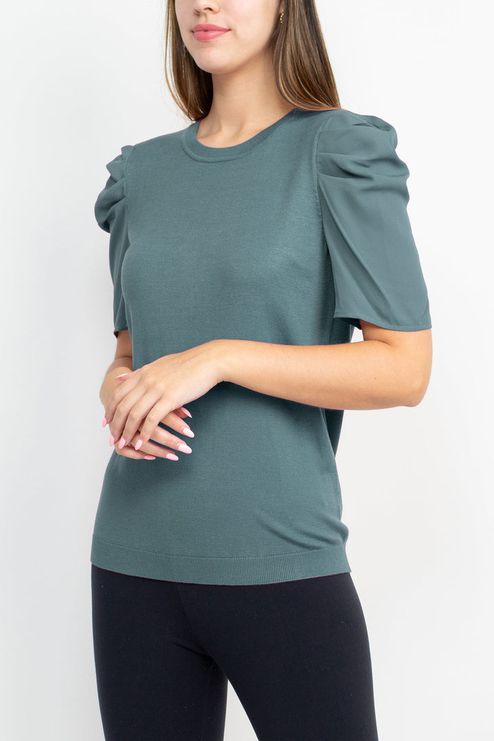 Adrianna Papell Crew Neck Short Sleeve Ruffled Shoulder Solid Knit Top-3