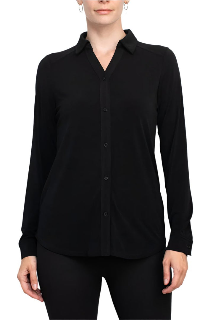 Adrianna Papell collared long sleeve button front solid knit moss crepe shirt-1