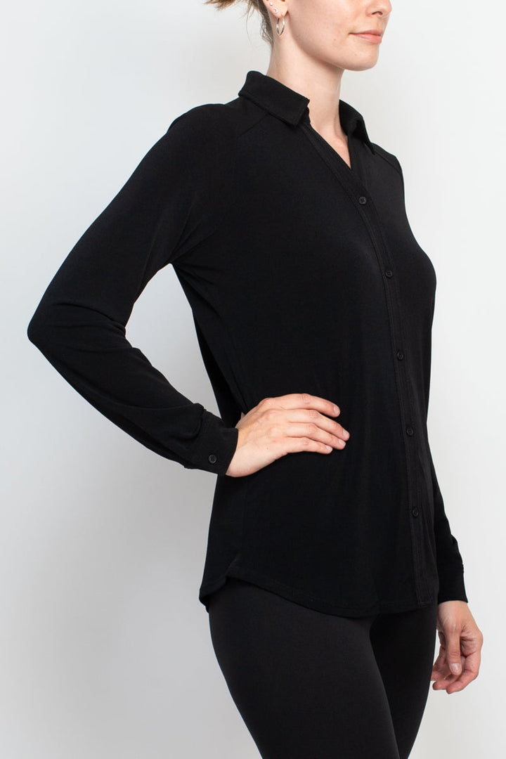 Adrianna Papell collared long sleeve button front solid knit moss crepe shirt-2