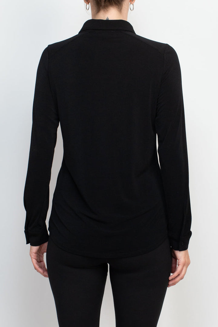 Adrianna Papell collared long sleeve button front solid knit moss crepe shirt-3