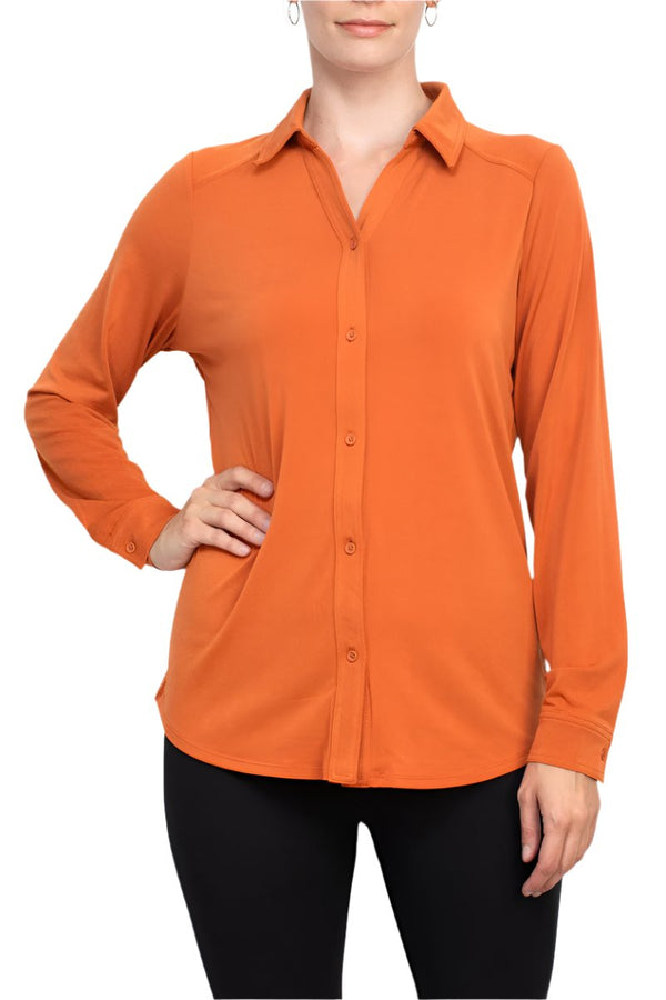 Adrianna Papell collared long sleeve button front solid knit moss crepe shirt-0