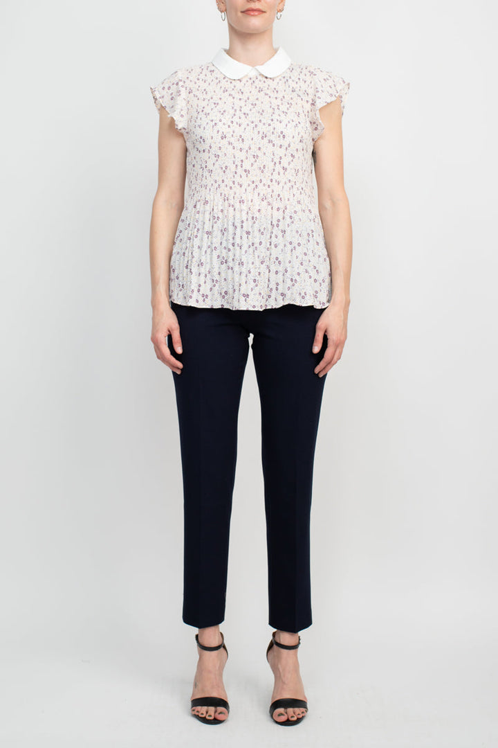 Peter Pan Collar Flutter Sleeve Pleated Printed Woven Georgette Top-4