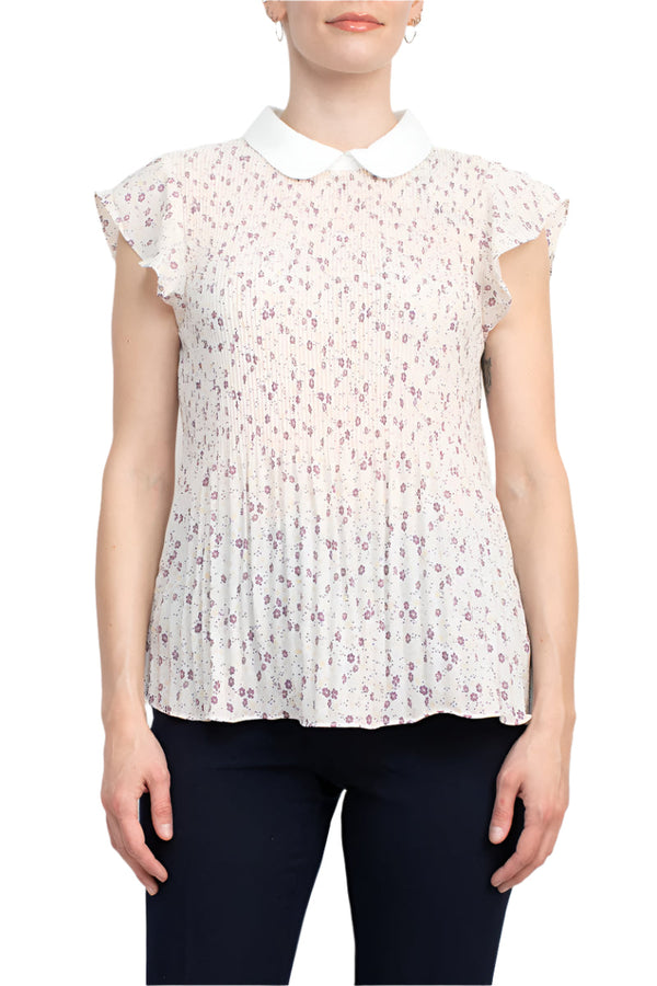Peter Pan Collar Flutter Sleeve Pleated Printed Woven Georgette Top-0