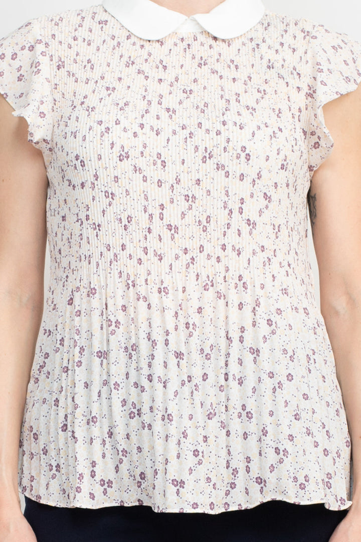 Peter Pan Collar Flutter Sleeve Pleated Printed Woven Georgette Top-3