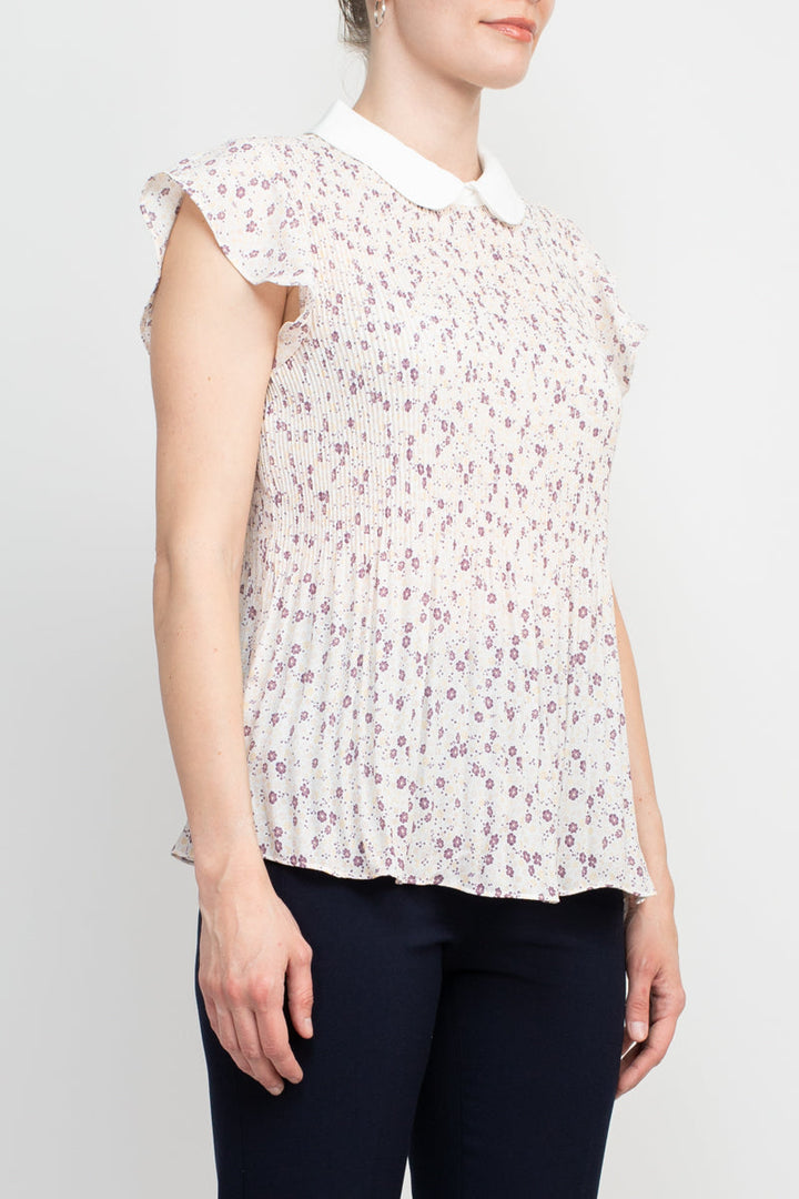 Peter Pan Collar Flutter Sleeve Pleated Printed Woven Georgette Top-1
