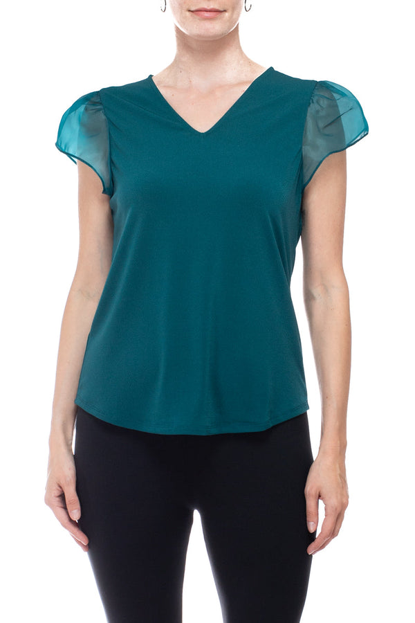 Adrianna Papell V-neck organza flutter sleeve solid moss crepe top-0