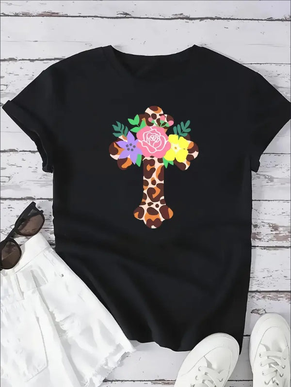 Women'S Casual Crew Neck T-Shirt With Geometric Giraffe Print,  Polyester Knit Fabric, All-Season Short Sleeve Top