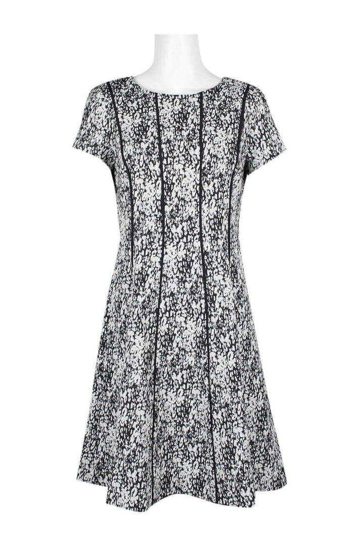 Adrianna Papell Scoop Neck Short Sleeve Piping Detail Zipper Back A-Line-0