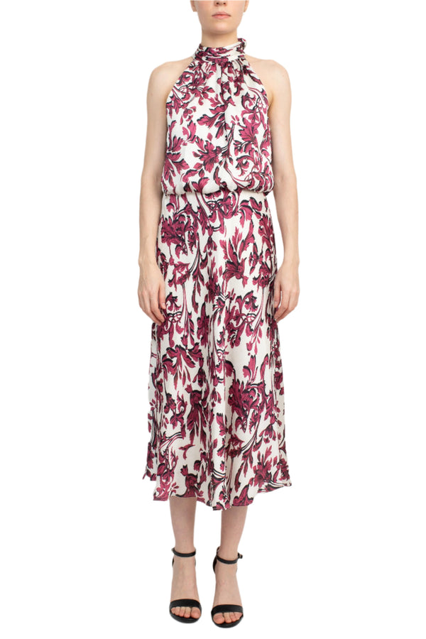 Adrianna Papell Halter Neck Back Zipper Tie Back Neck Closure Sleeveless Midi Dress-0
