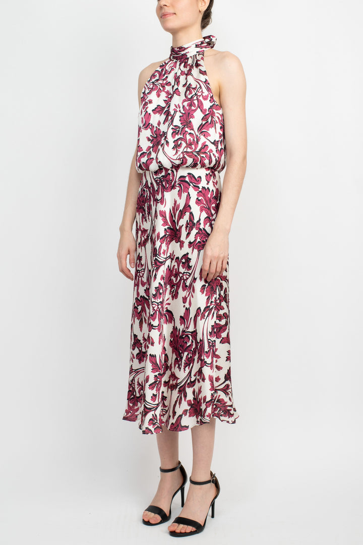 Adrianna Papell Halter Neck Back Zipper Tie Back Neck Closure Sleeveless Midi Dress-1