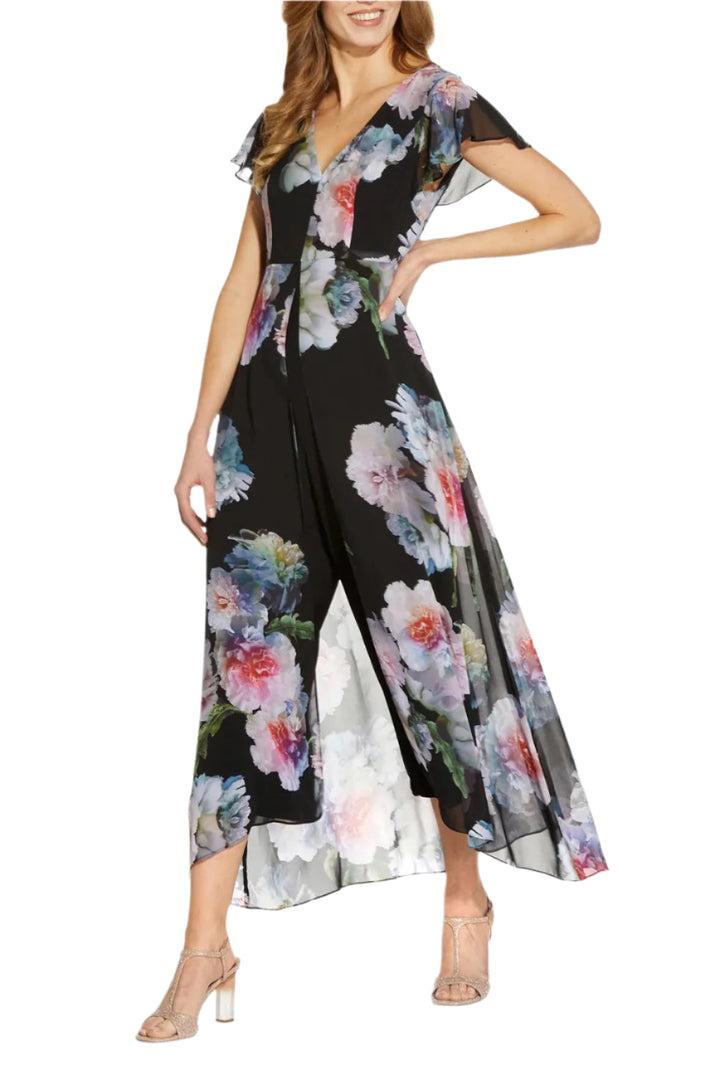 Adrianna Papell V-Neck Short Sleeves Back Zipper Chiffon Overlay Jumpsuit-0