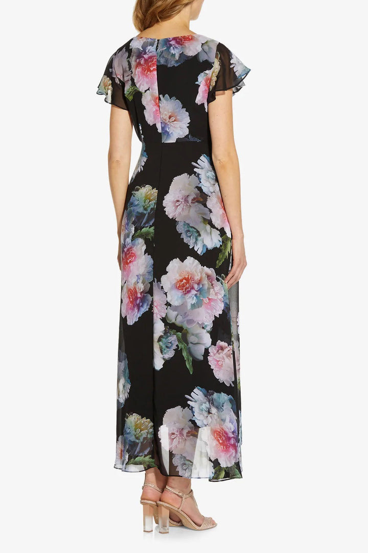 Adrianna Papell V-Neck Short Sleeves Back Zipper Chiffon Overlay Jumpsuit-2