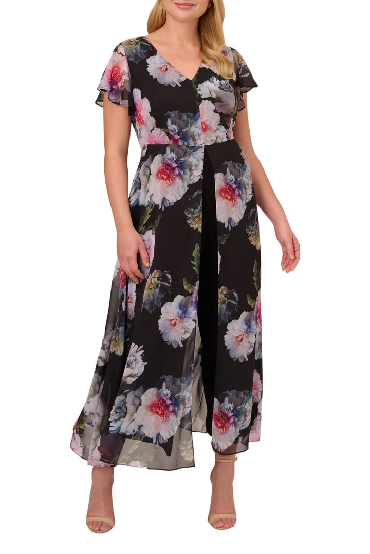 Adrianna Papell V-Neck Short Sleeves Back Zipper Chiffon Overlay Jumpsuit-1