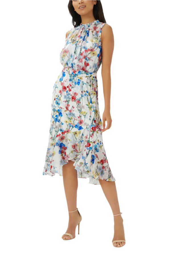Adrianna Papell Crew Neck Back Zipper Sleeveless Floral Chiffon Midi Dress-0