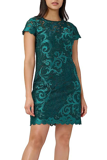 Adrianna Papell Illusion Crew Neck Short Sleeve Sheath Zipper Back Lace Dress-1
