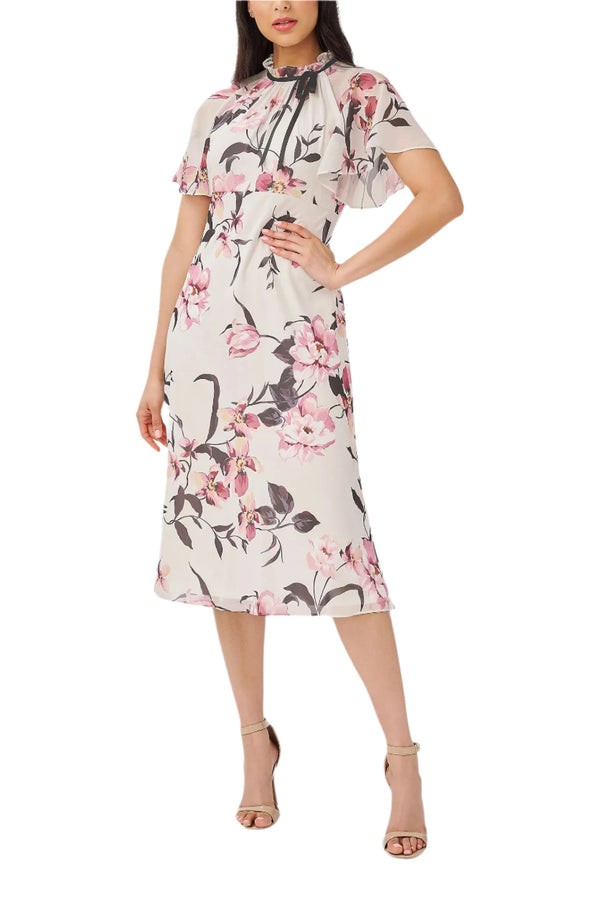Adrianna Papell Halter Neck Short Flutter Sleeves Back Zipper Midi Floral Dress-0