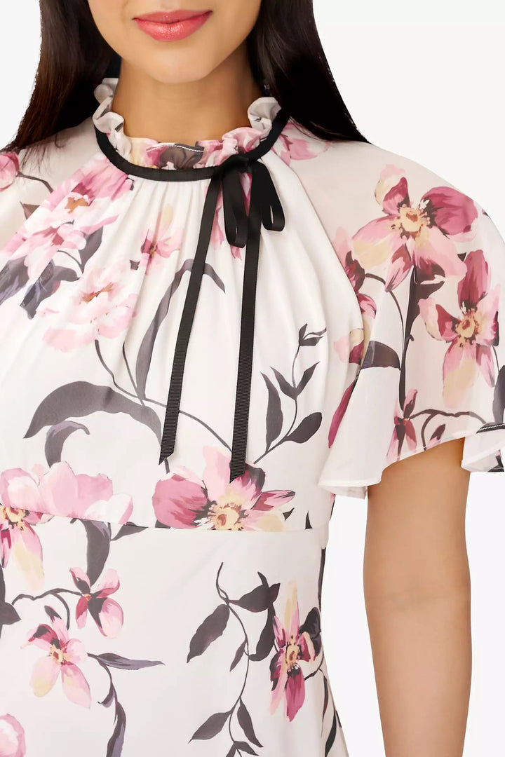 Adrianna Papell Halter Neck Short Flutter Sleeves Back Zipper Midi Floral Dress-2