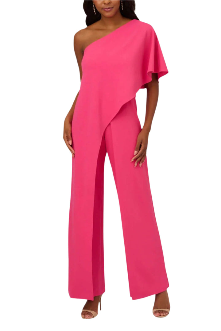 Adrianna Papell Asymmetrical One Shoulder Cape Sleeve Stretch Crepe Solid Jumpsuit-3