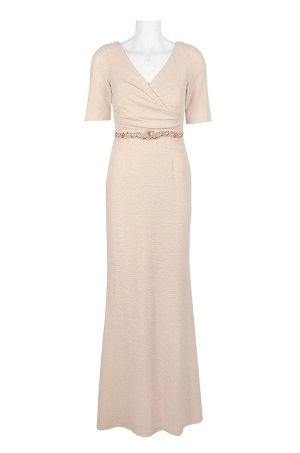 Adrianna Papell V-Neck 3/4 Sleeve Ruched Embellished Waist Zipper Back Metallic Knit Gown-0