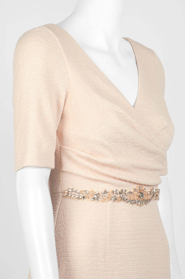 Adrianna Papell V-Neck 3/4 Sleeve Ruched Embellished Waist Zipper Back Metallic Knit Gown-2