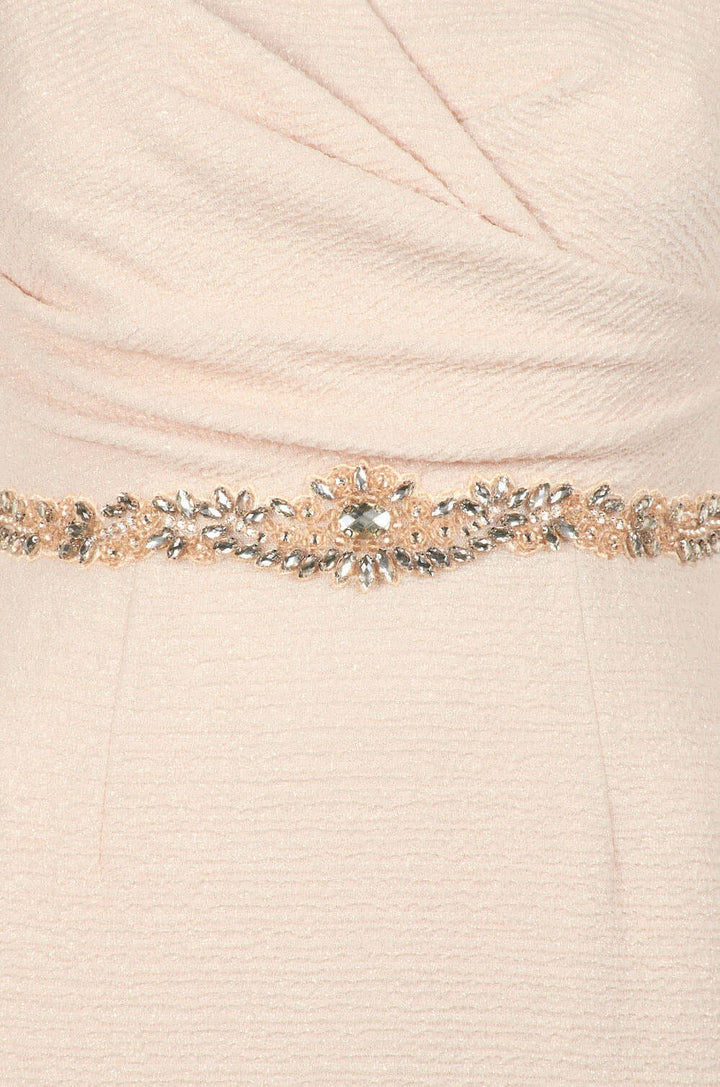 Adrianna Papell V-Neck 3/4 Sleeve Ruched Embellished Waist Zipper Back Metallic Knit Gown-3