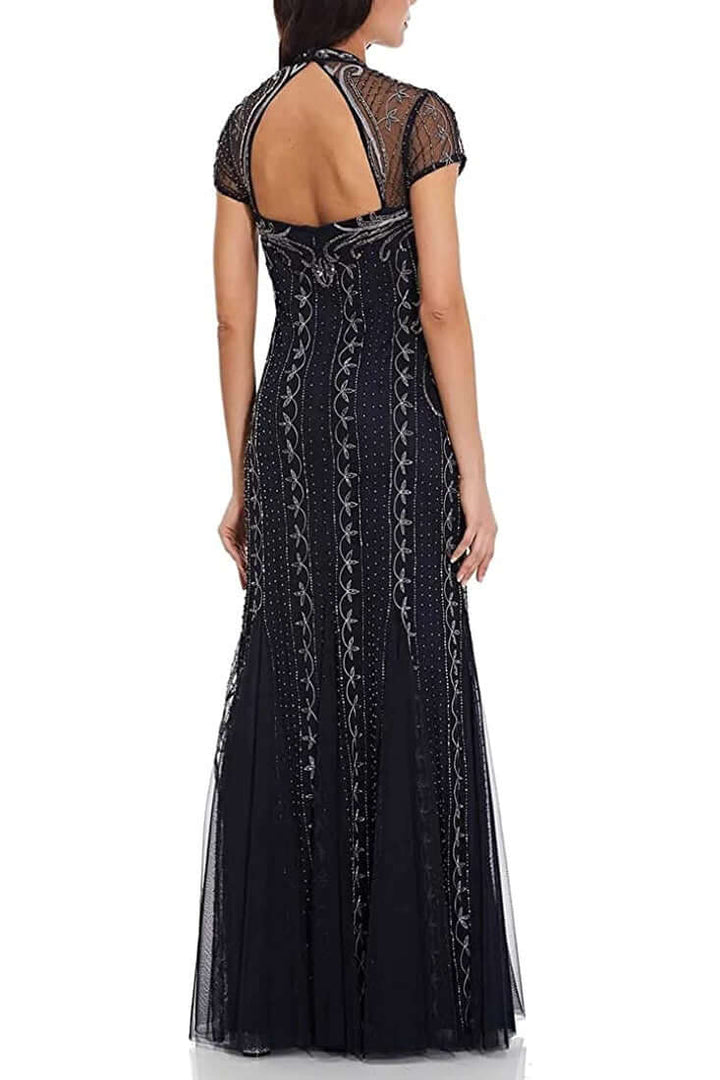 Adrianna Papell V-Neck Sort Sleeve Godet Cutout Back Embellished Mesh Gown-3
