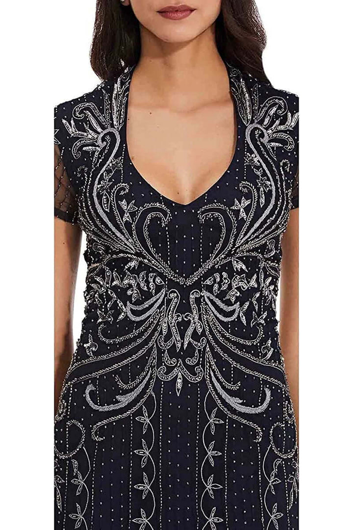 Adrianna Papell V-Neck Sort Sleeve Godet Cutout Back Embellished Mesh Gown-2