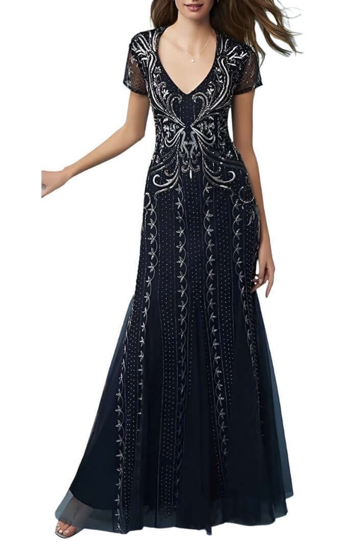 Adrianna Papell V-Neck Sort Sleeve Godet Cutout Back Embellished Mesh Gown-1
