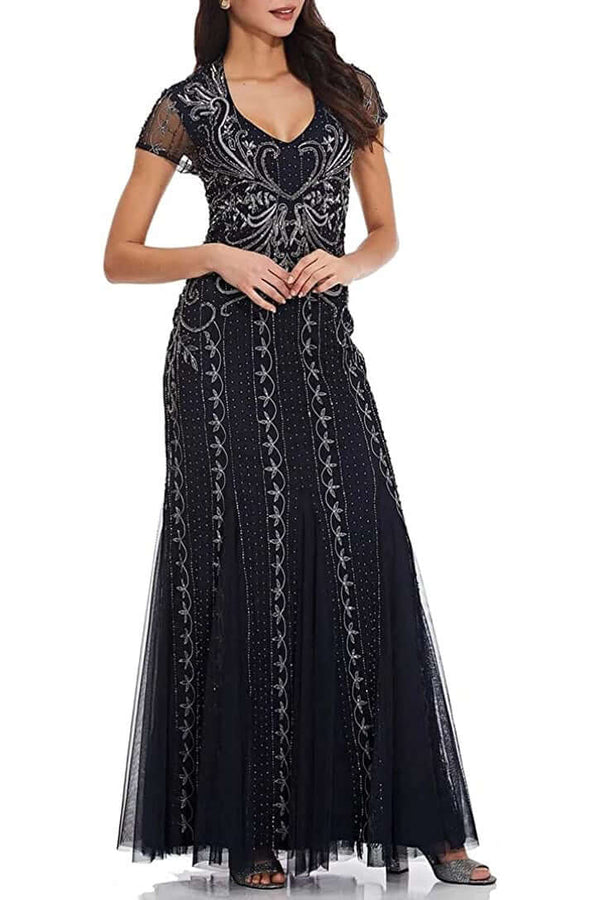 Adrianna Papell V-Neck Sort Sleeve Godet Cutout Back Embellished Mesh Gown-0