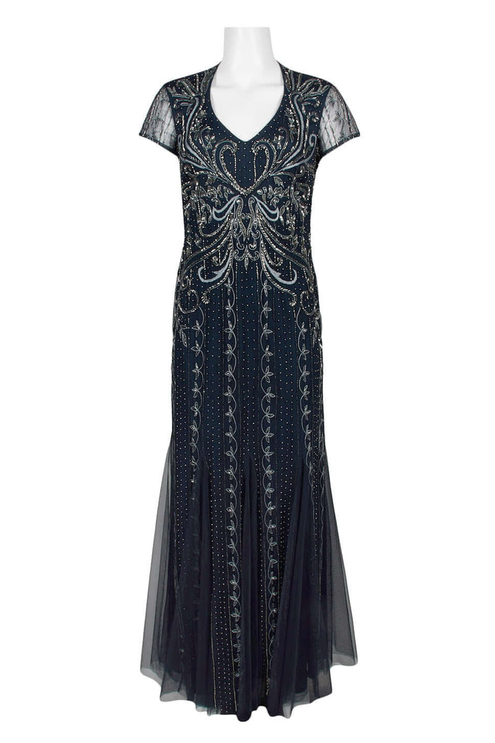 Adrianna Papell V-Neck Sort Sleeve Godet Cutout Back Embellished Mesh Gown-4