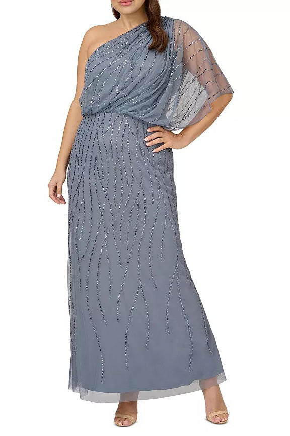 Adrianna Papell Sequin One Shoulder Illusion Sleeve Blouson Gown (Plus Size)-0