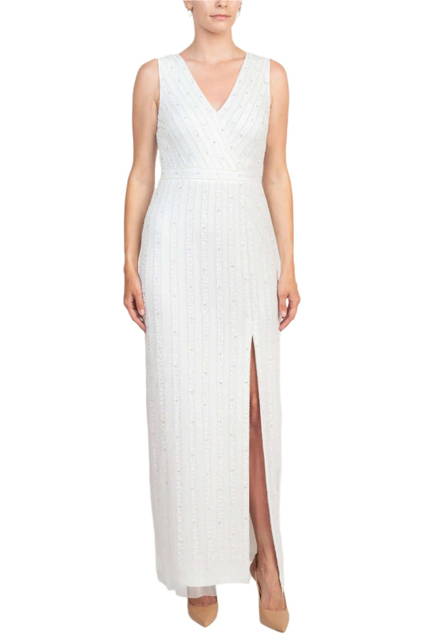 Adrianna Papell V-Neck Beaded & Sequined Sleeveless Banded Waist Slit Front Zipper Back Mesh Dress-0
