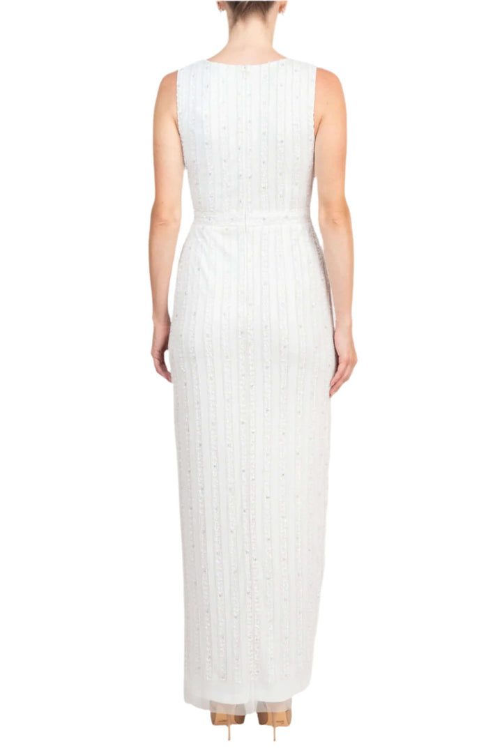 Adrianna Papell V-Neck Beaded & Sequined Sleeveless Banded Waist Slit Front Zipper Back Mesh Dress-2