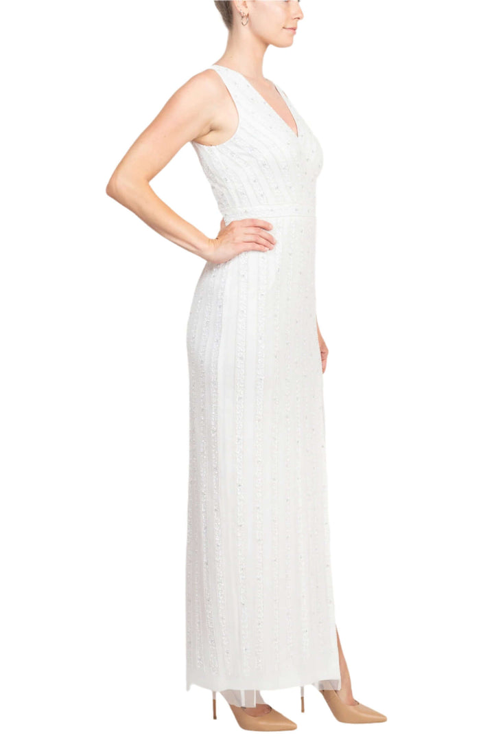 Adrianna Papell V-Neck Beaded & Sequined Sleeveless Banded Waist Slit Front Zipper Back Mesh Dress-1