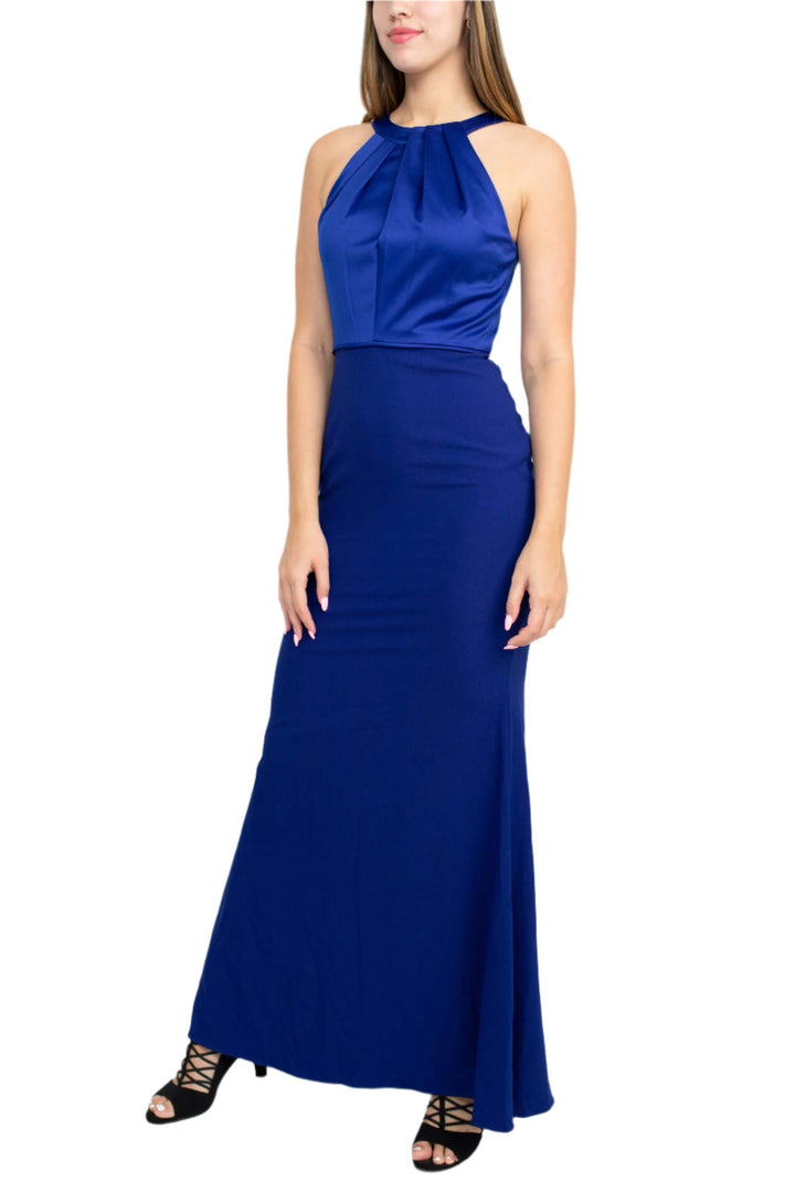 Adrianna Papell Halter Neck Sleeveless Empire Waist Tie Back Zipper Back Bodycon Solid Crepe Dress-1