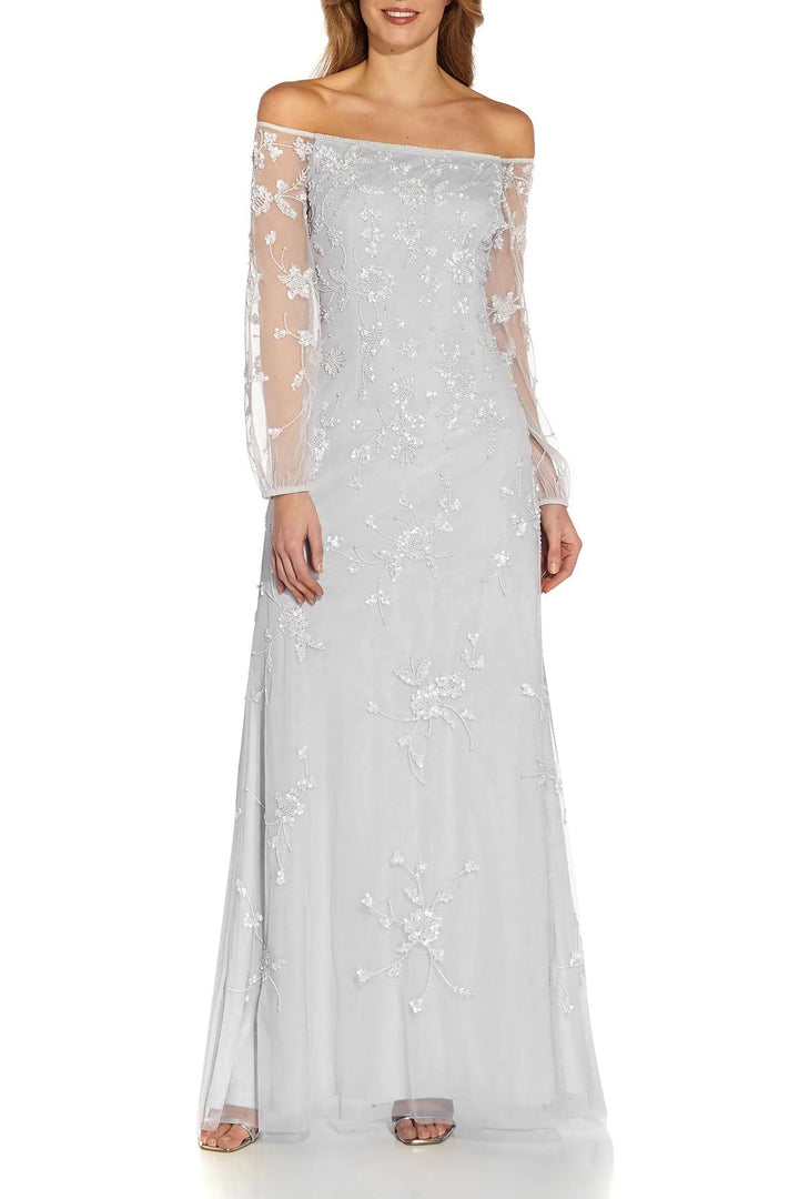 Adrianna Papell Off The Shoulder Long Sleeves Back Zipper Long Beaded Gown-0