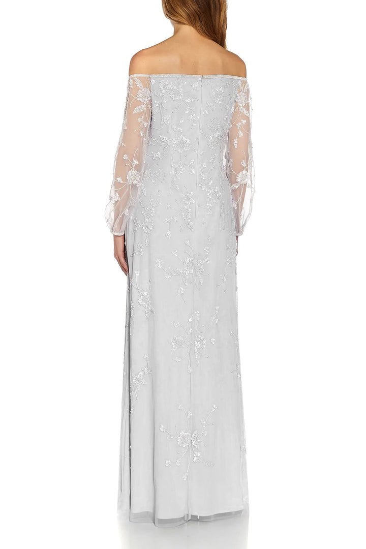 Adrianna Papell Off The Shoulder Long Sleeves Back Zipper Long Beaded Gown-1