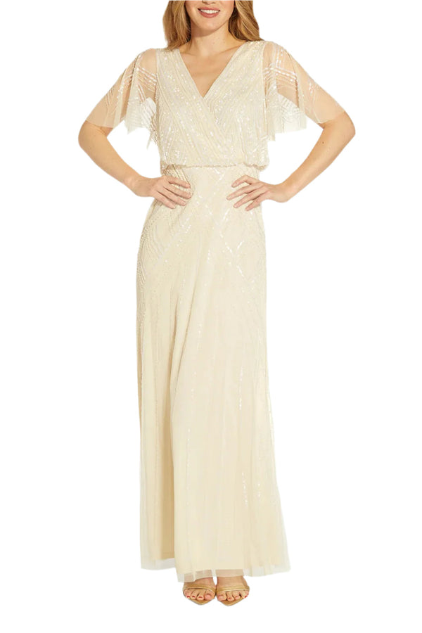 Adrianna Papell V Neck Beaded Flutter Sleeves Back Zipper Long Chiffon Dress-0