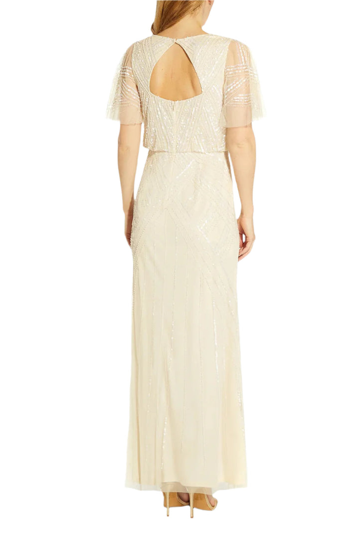 Adrianna Papell V Neck Beaded Flutter Sleeves Back Zipper Long Chiffon Dress-1