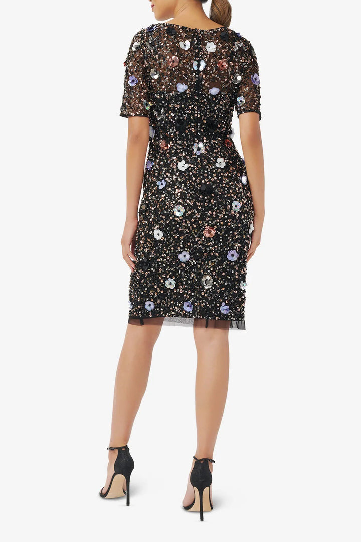Adrianna Papell Boat Neck Short Sleeves Back Zipper Short Beaded Dress-2