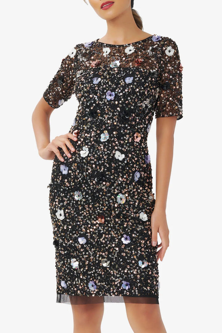 Adrianna Papell Boat Neck Short Sleeves Back Zipper Short Beaded Dress-1