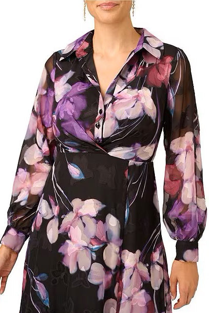 Adrianna Papell collared V-neck long sleeve zipper closure floral print georgette gown-2