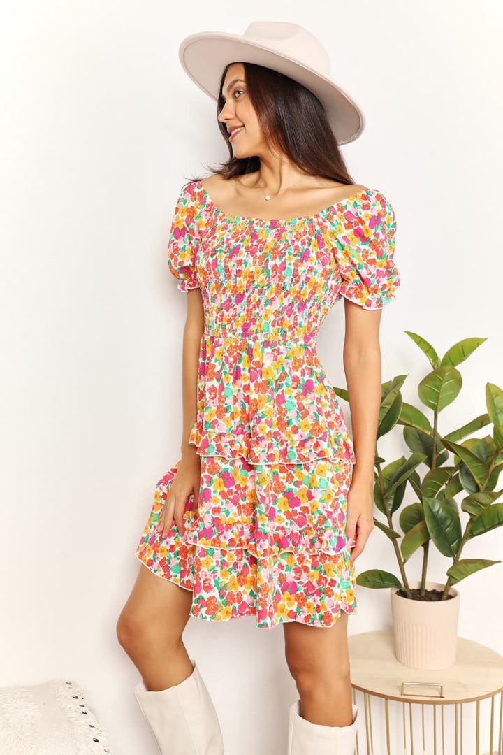 Double Take Smocked Sweetheart Neck Flounce Sleeve Mini Dress-3