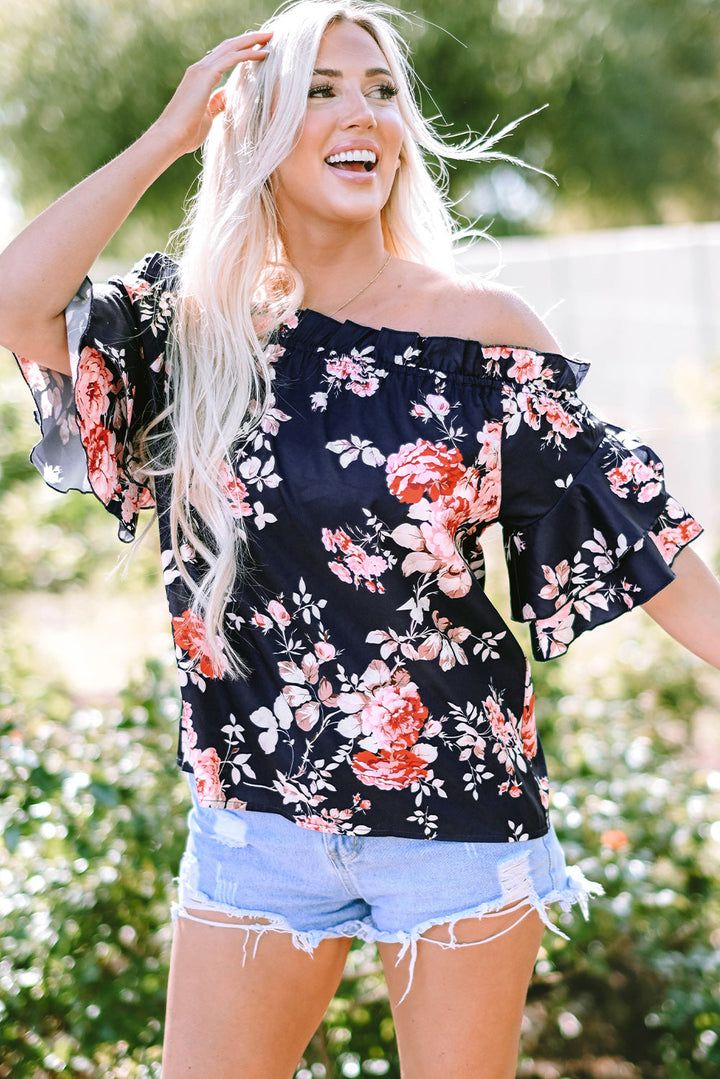 Savanna Ruffle Off Shoulder Flounce Sleeve Blouse-3