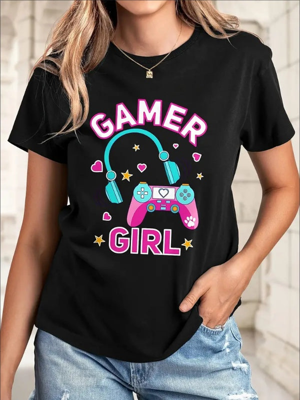 Cool Gamer GIRL Print Round Neck T-Shirt, Casual Stretch Short Sleeve Sport T-Shirt, Women's Clothing